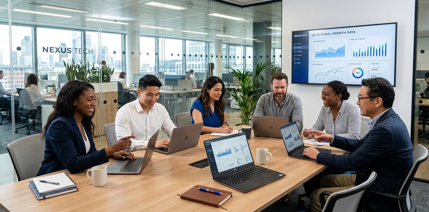 Dynamics 365 Group team collaborating in a modern office