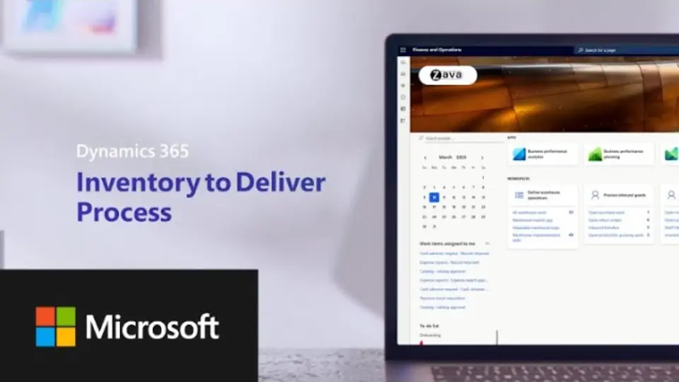 Title card reading "Dynamics 365 Inventory to Deliver Process" beside a laptop showing the Finance and Operations home screen, with the Microsoft logo in the lower left