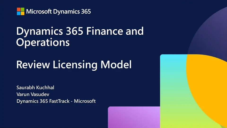 Title slide for the Microsoft Dynamics 365 FastTrack video "Dynamics 365 Finance and Operations: Review Licensing Model", naming the two Microsoft presenters