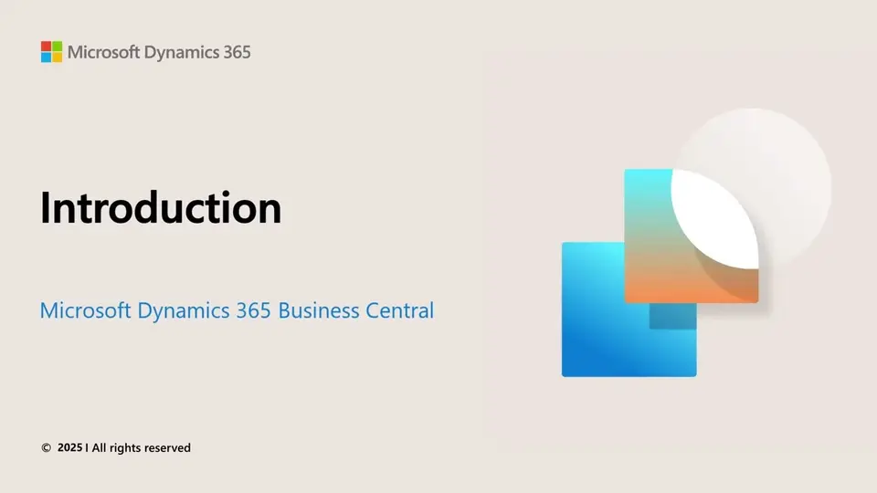 Title card of Microsoft's Introduction to Business Central video: the word "Introduction" and "Microsoft Dynamics 365 Business Central" beside two overlapping blue and orange squares